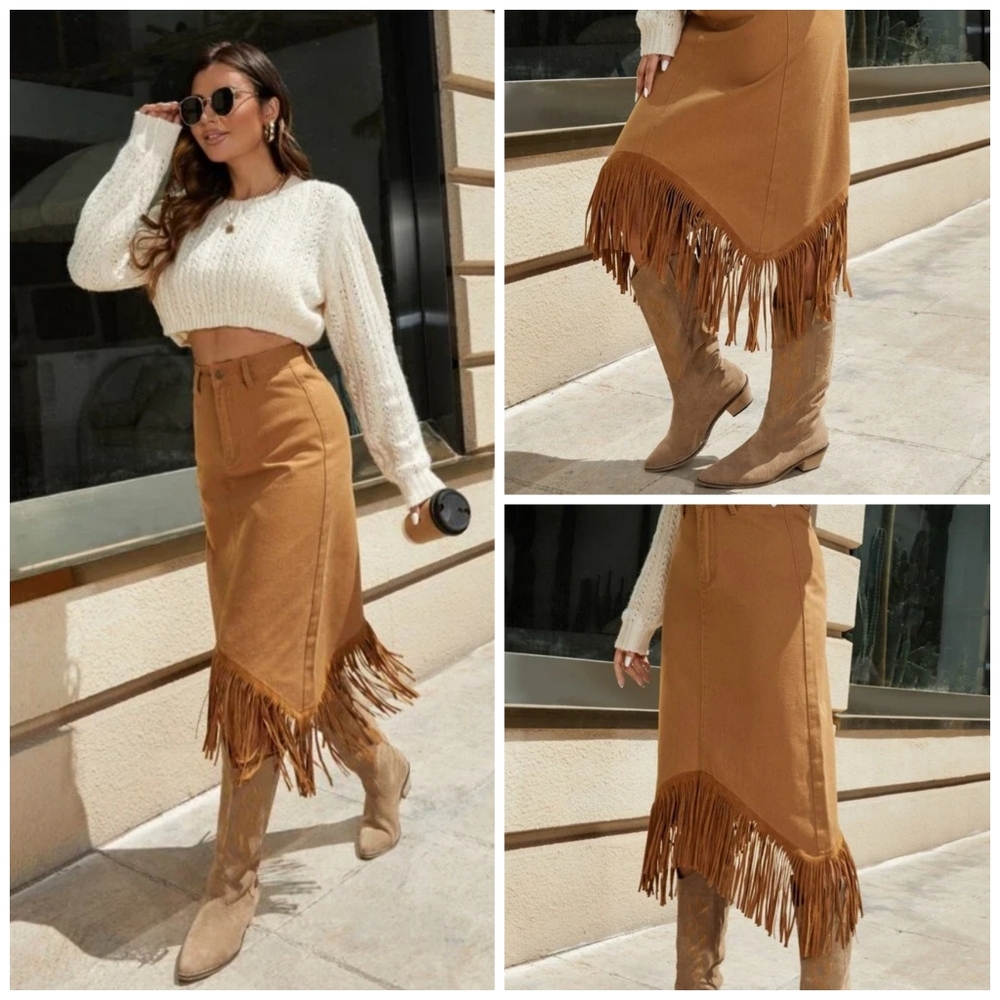 Fringe Hem Denim Midi Skirt Plus Size Tan Western Coastal Cowgirl NWT - Picture 11 of 11